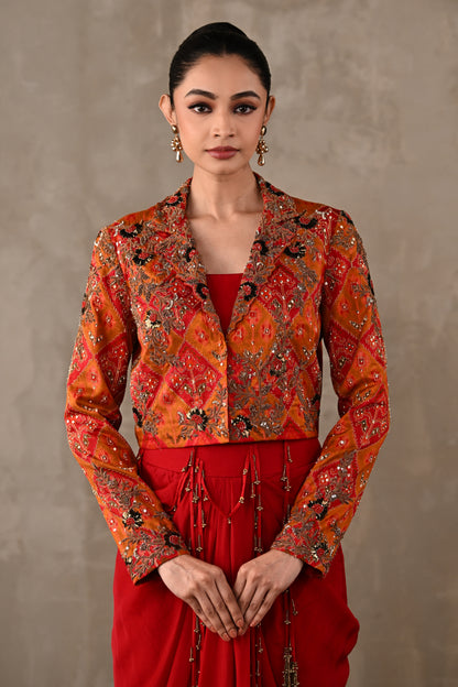 Pochampally Cropped Jacket & Drape Skirt Set