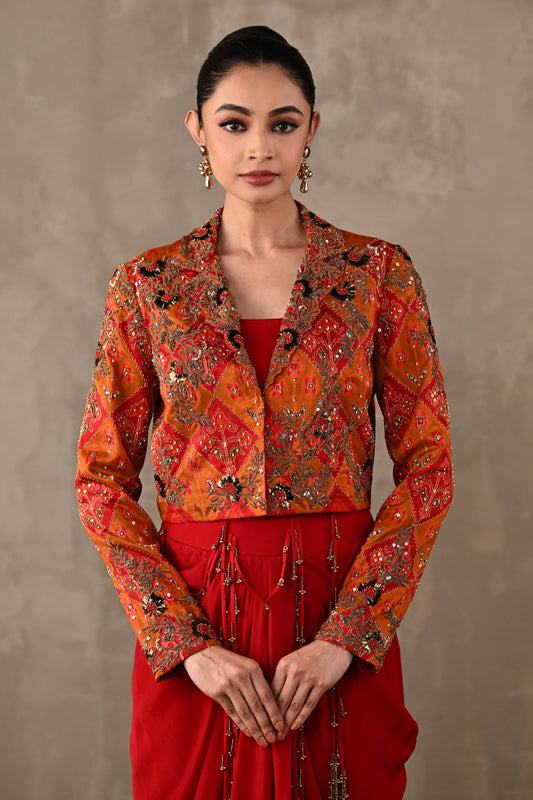 Pochampally Cropped Jacket & Drape Skirt Set