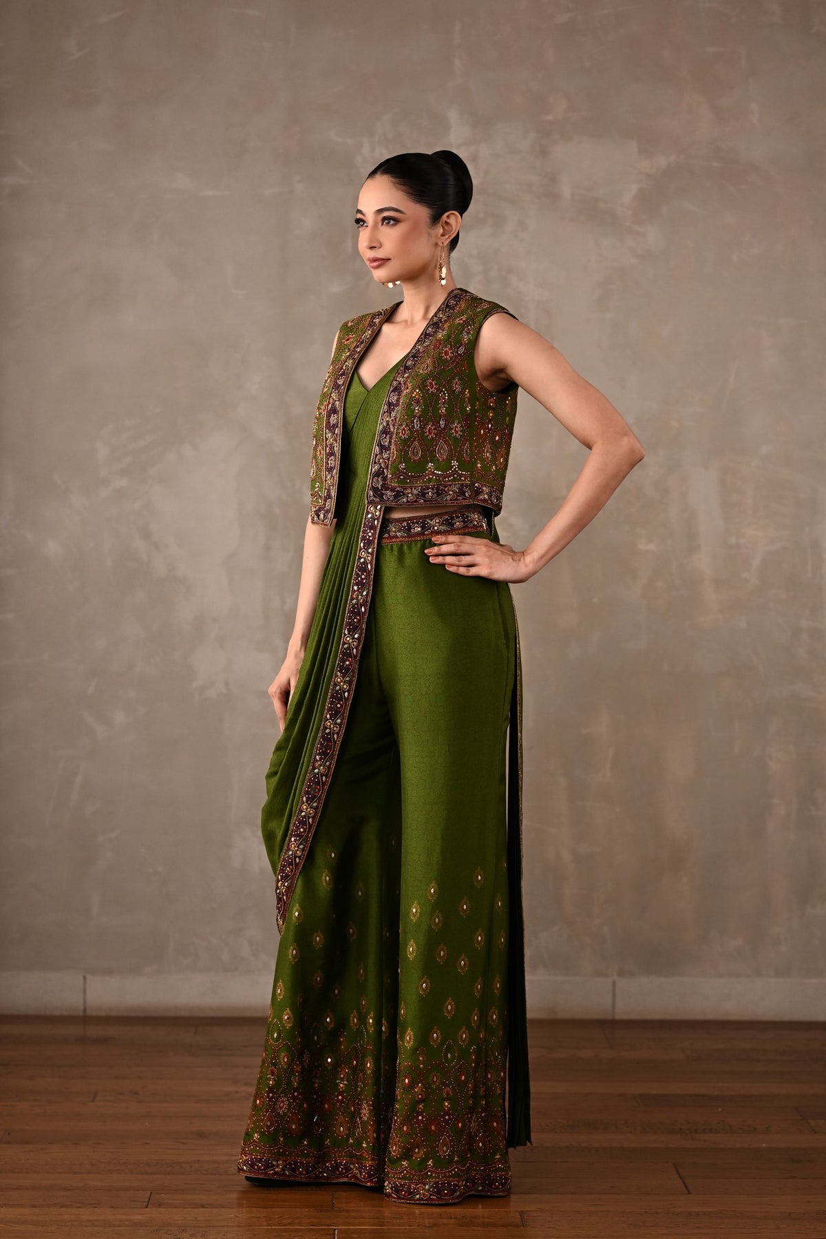 Printed Embellished Drape Pants & Cropped Jacket Set