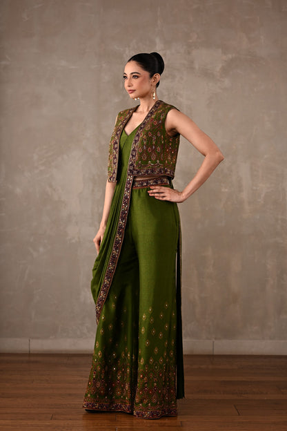 Printed Embellished Drape Pants & Cropped Jacket Set