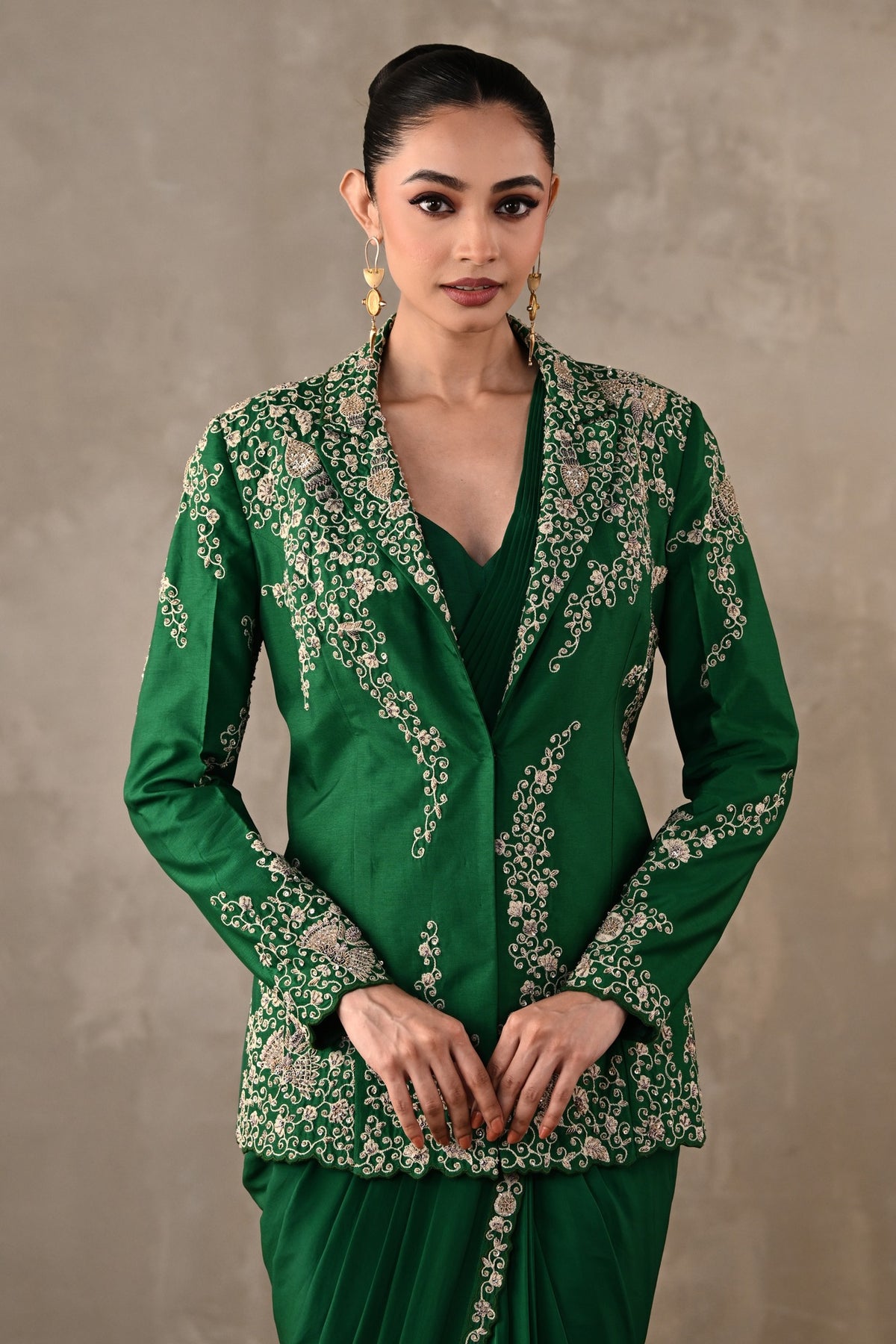 Thread Embroidered Drape Saree Set