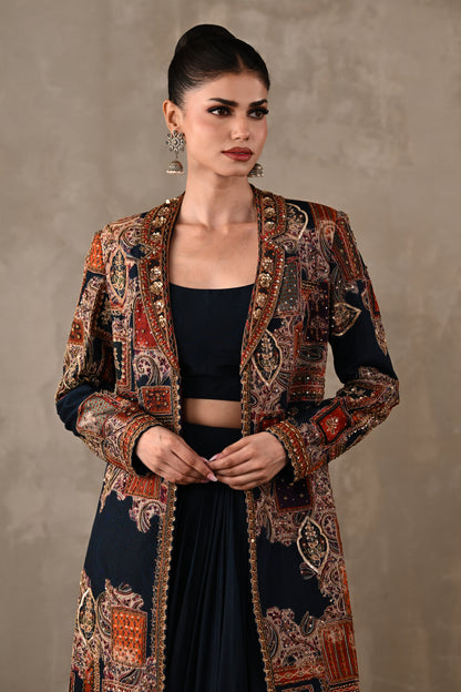 Patchwork-Inspired Long Jacket Skirt Set