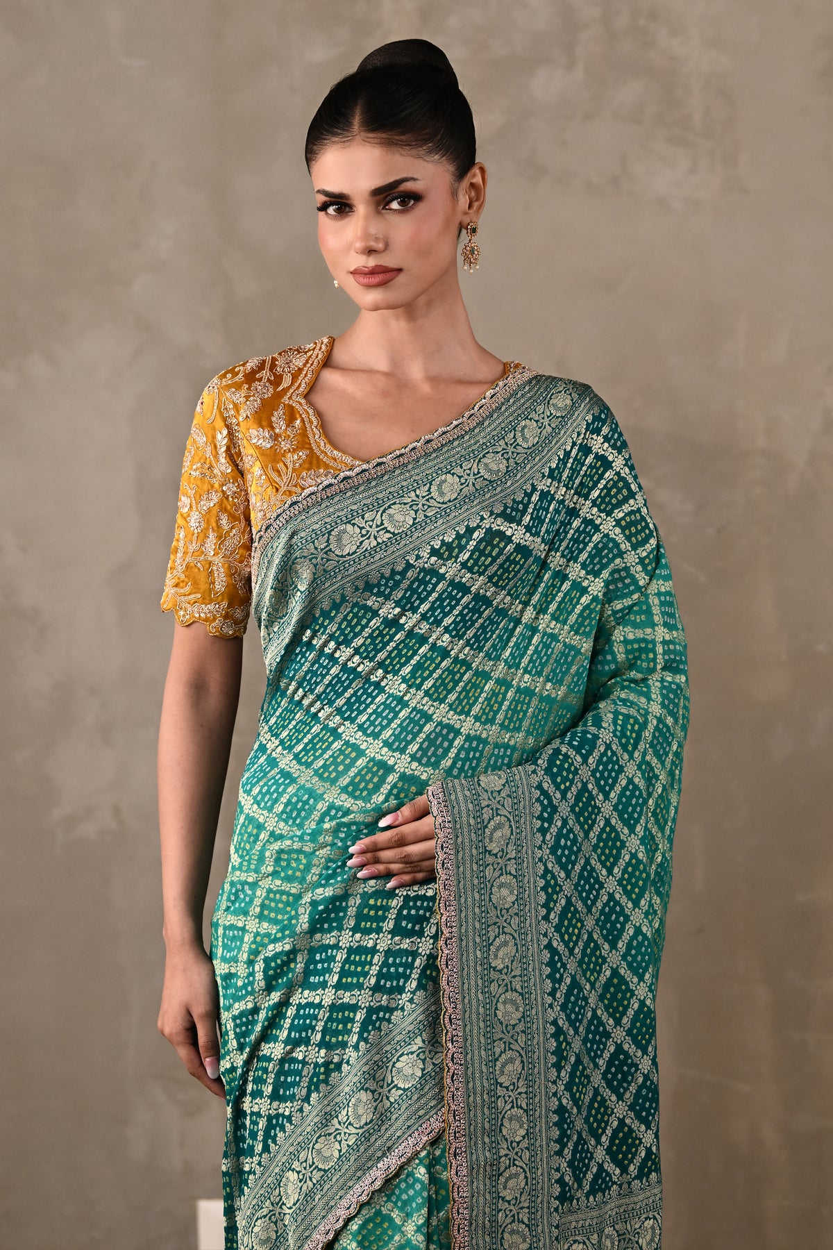Embroidered Bandhej Saree Set