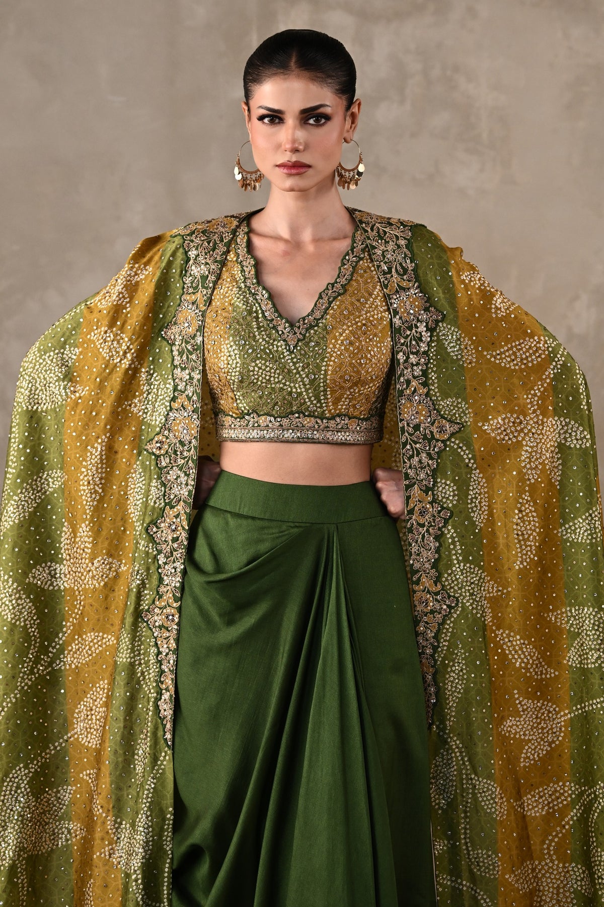 Embellished Silk Cape & Drape Skirt Set