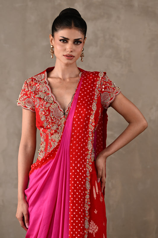 Bandhani Drape Set with Pleated Banarasi Pants