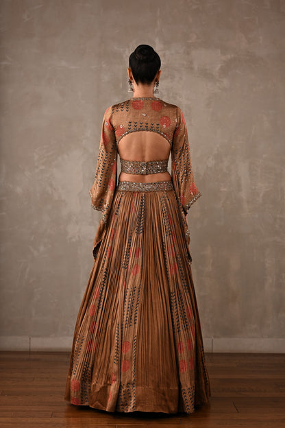 Printed Satin Cut-out Lehenga Set