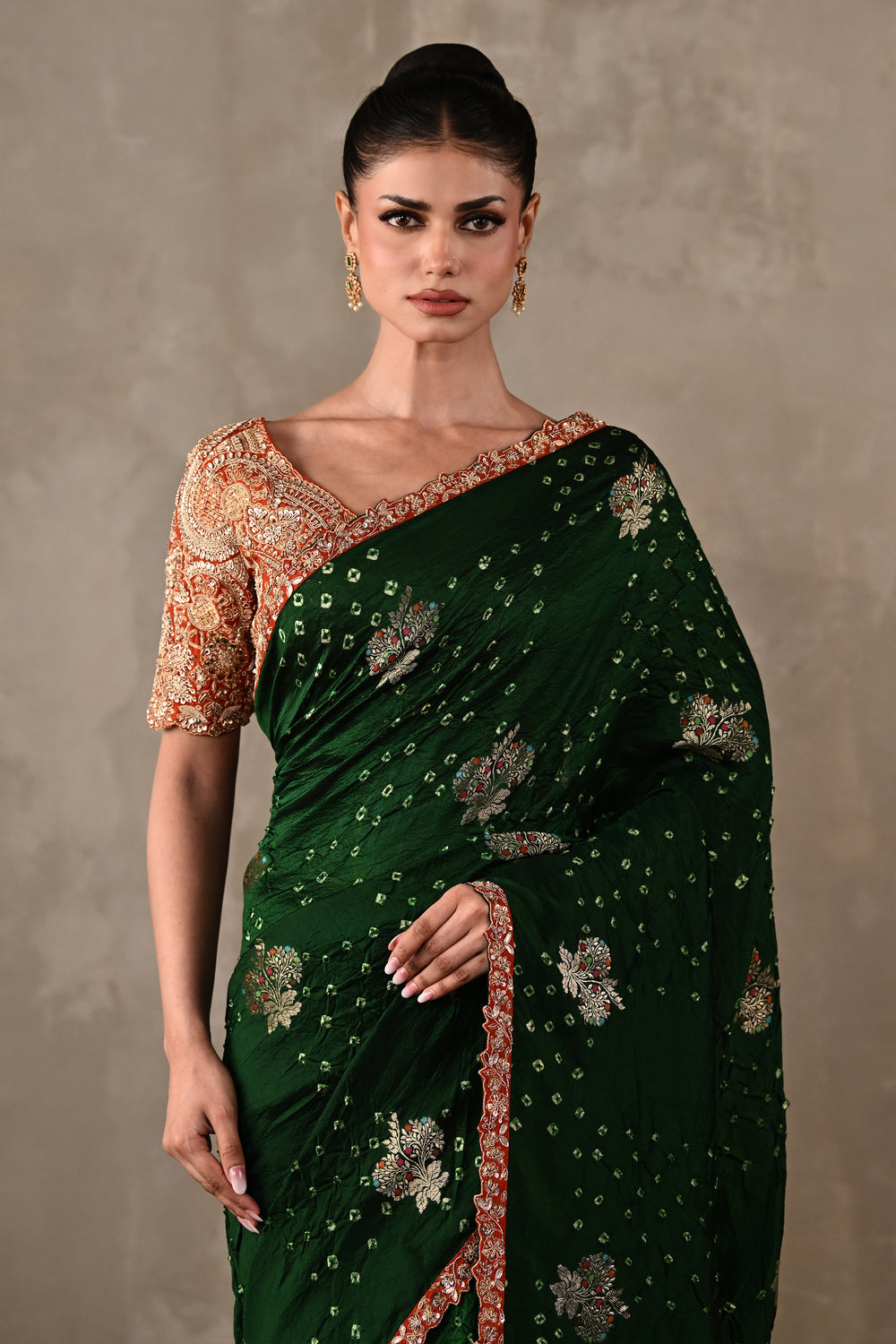 Katan Silk Bandhej Saree with Embroidered Blouse