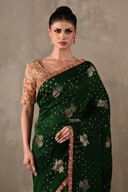 Katan Silk Bandhej Saree with Embroidered Blouse