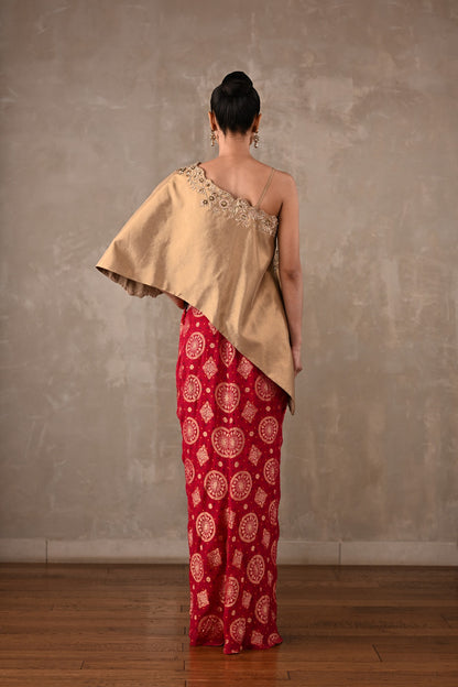 One-Shoulder Embroidered Top & Banarasi Skirt Set