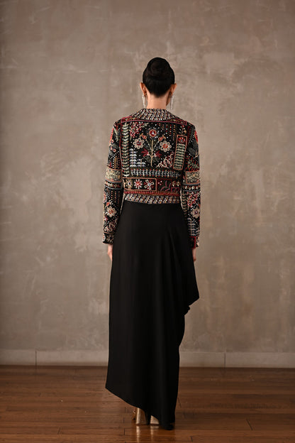 Multicolour Embroidered Cropped Jacket & Skirt Set