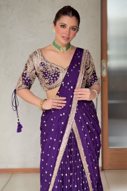 Zariya Purple Embroidered Drape Saree