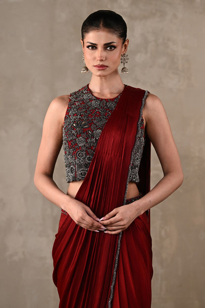 Maroon Embroidered Drape Saree Set