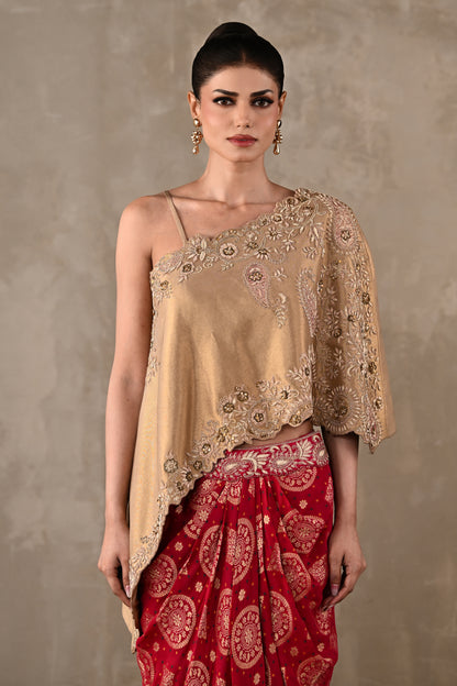 One-Shoulder Embroidered Top & Banarasi Skirt Set