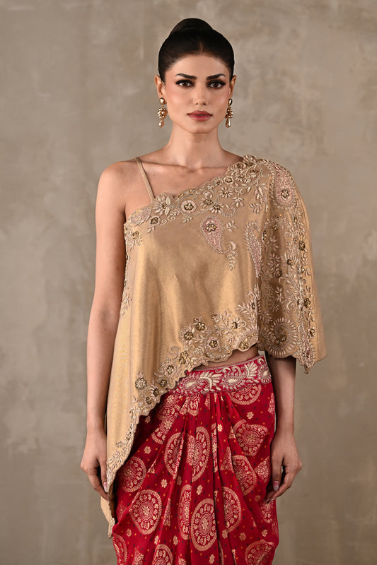 One-Shoulder Embroidered Top & Banarasi Skirt Set