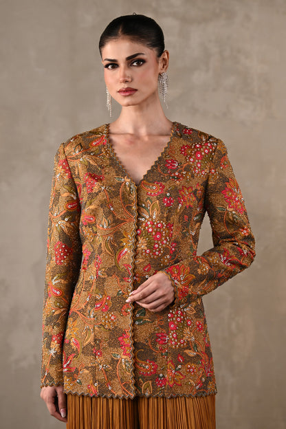 Embellished Floral Jacket & Pleated Palazzo Set