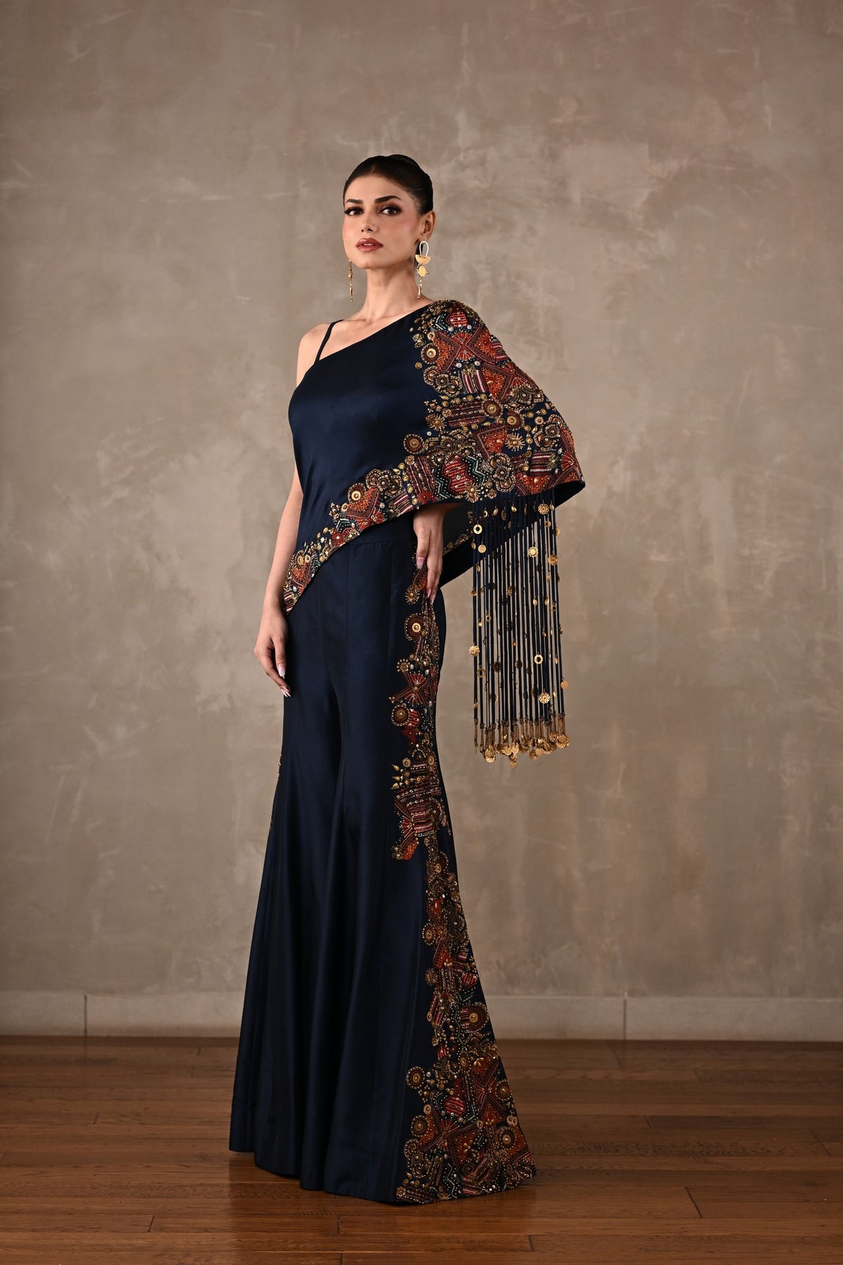Embellished One-Shoulder Top & Flared Pants Set