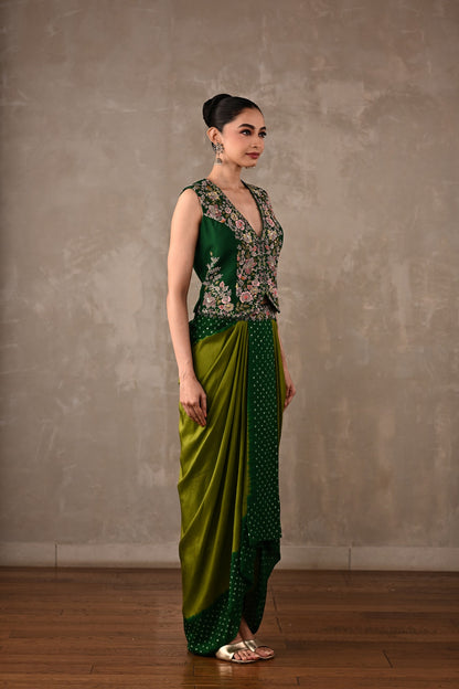 Zardosi Embroidered Top & Bandhej Drape Skirt Set