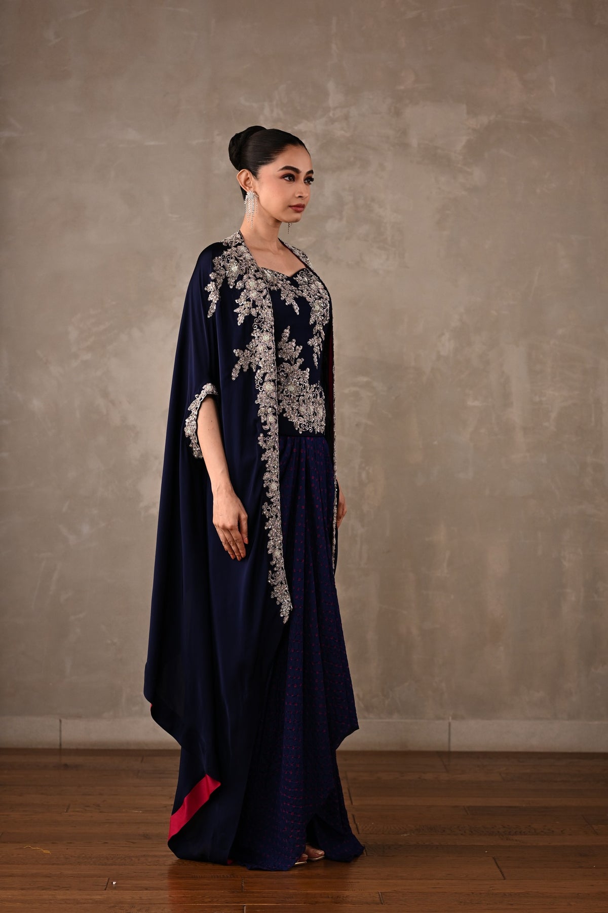 Zardosi Embroidered Cape & Bandhej Drape Skirt Set