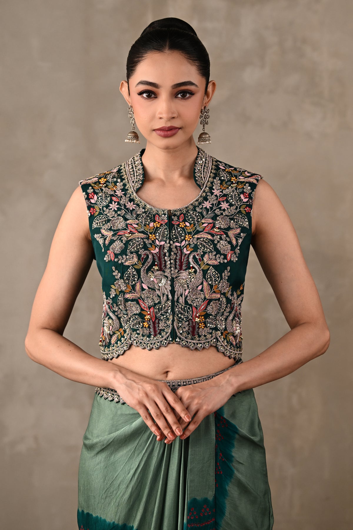 Embroidered Crop Top & Bandhej Drape Skirt Set