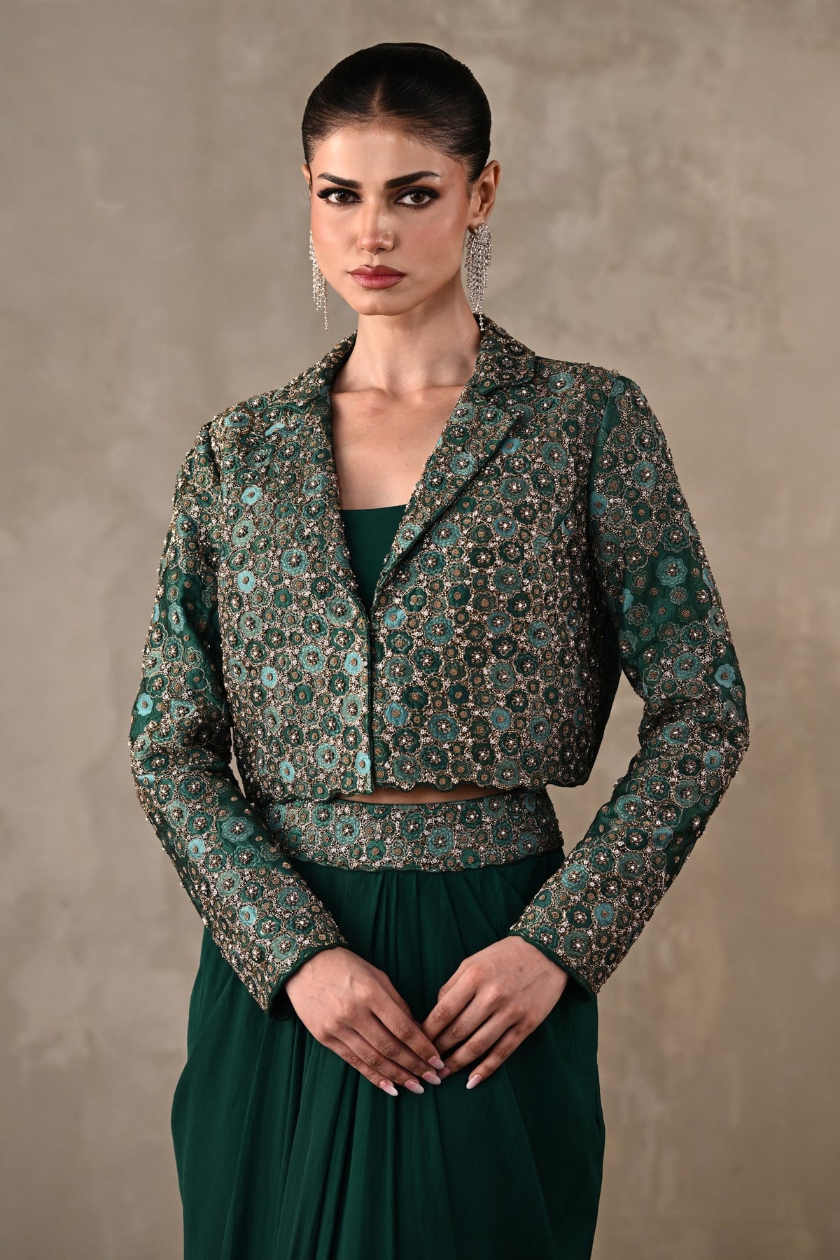 Embellished Crepe Drape Skirt & Cropped Jacket Set