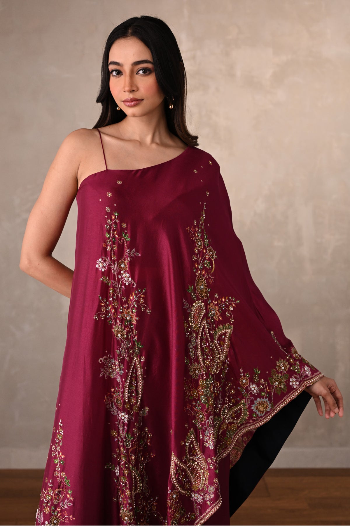 Red Silk One-Shoulder Kurta Set With Embroidered Sharara