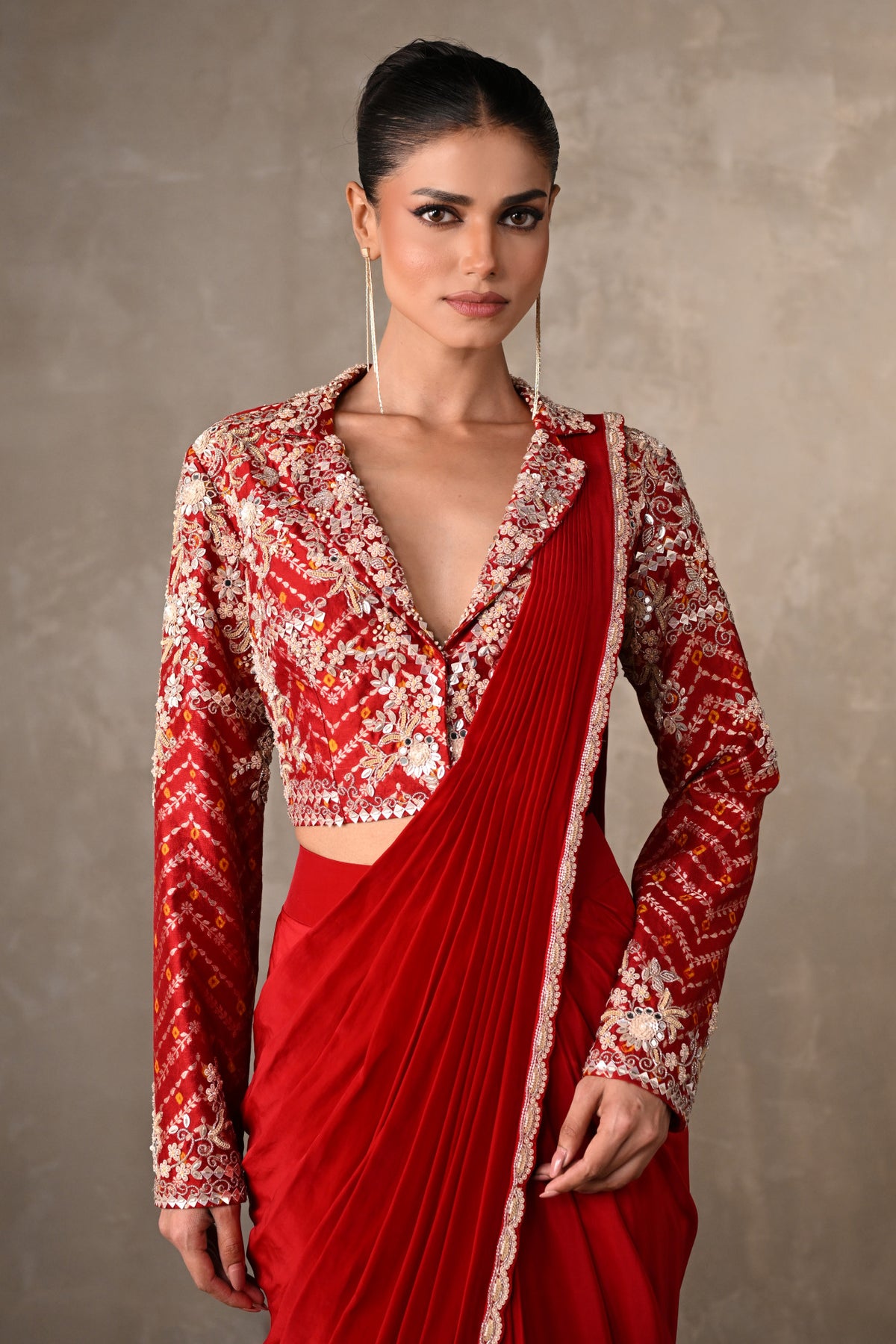 Red Embellished Crepe Drape Saree Set