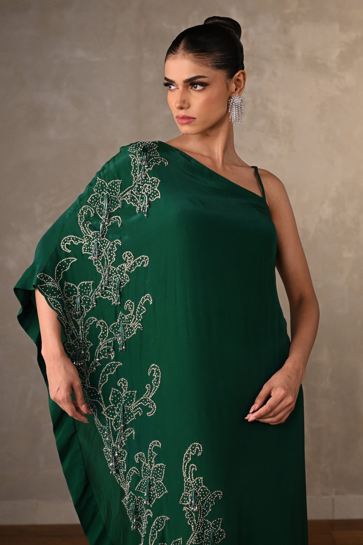Noir One-Shoulder Crepe Kaftan Set
