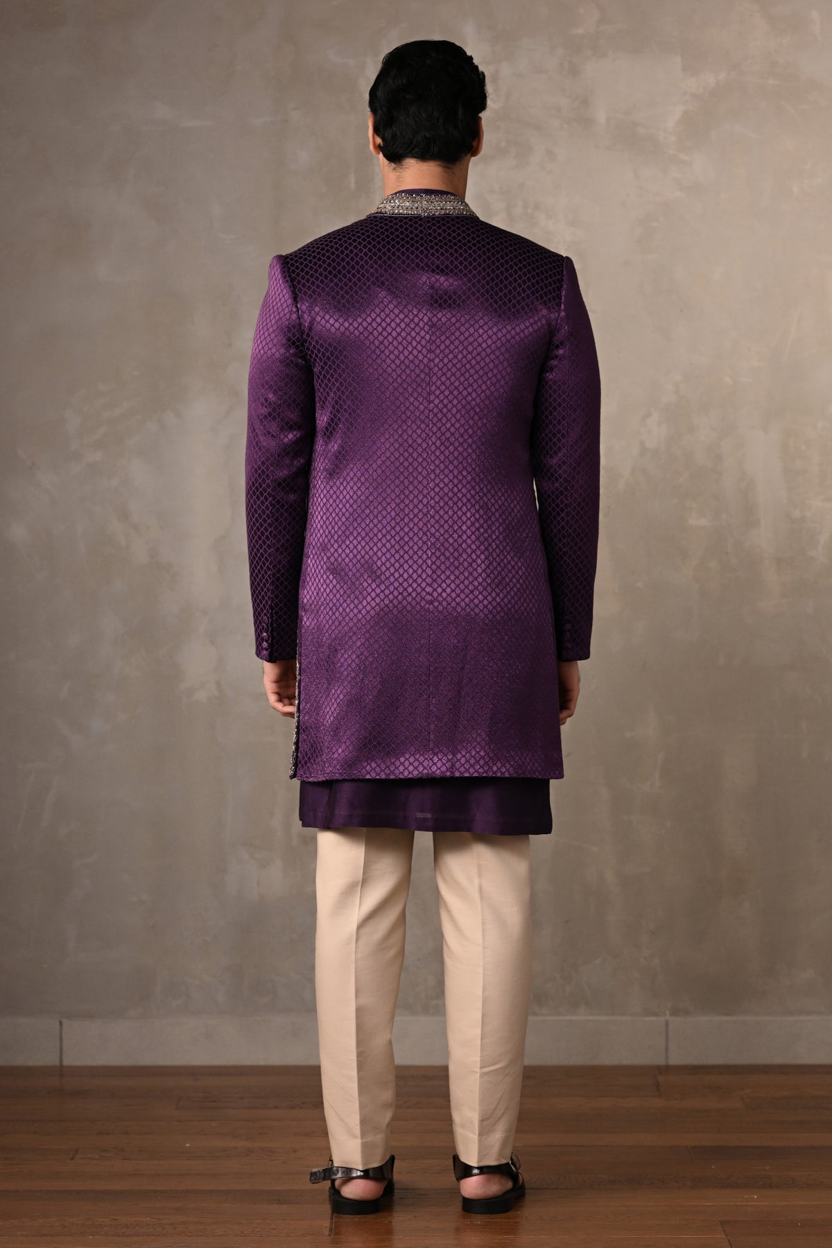 Royal Amethyst Chanderi Silk Open Sherwani Jacket Set