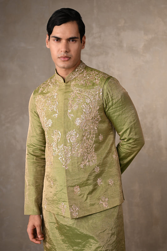 Green Tissue Silk Bundi Kurta Set