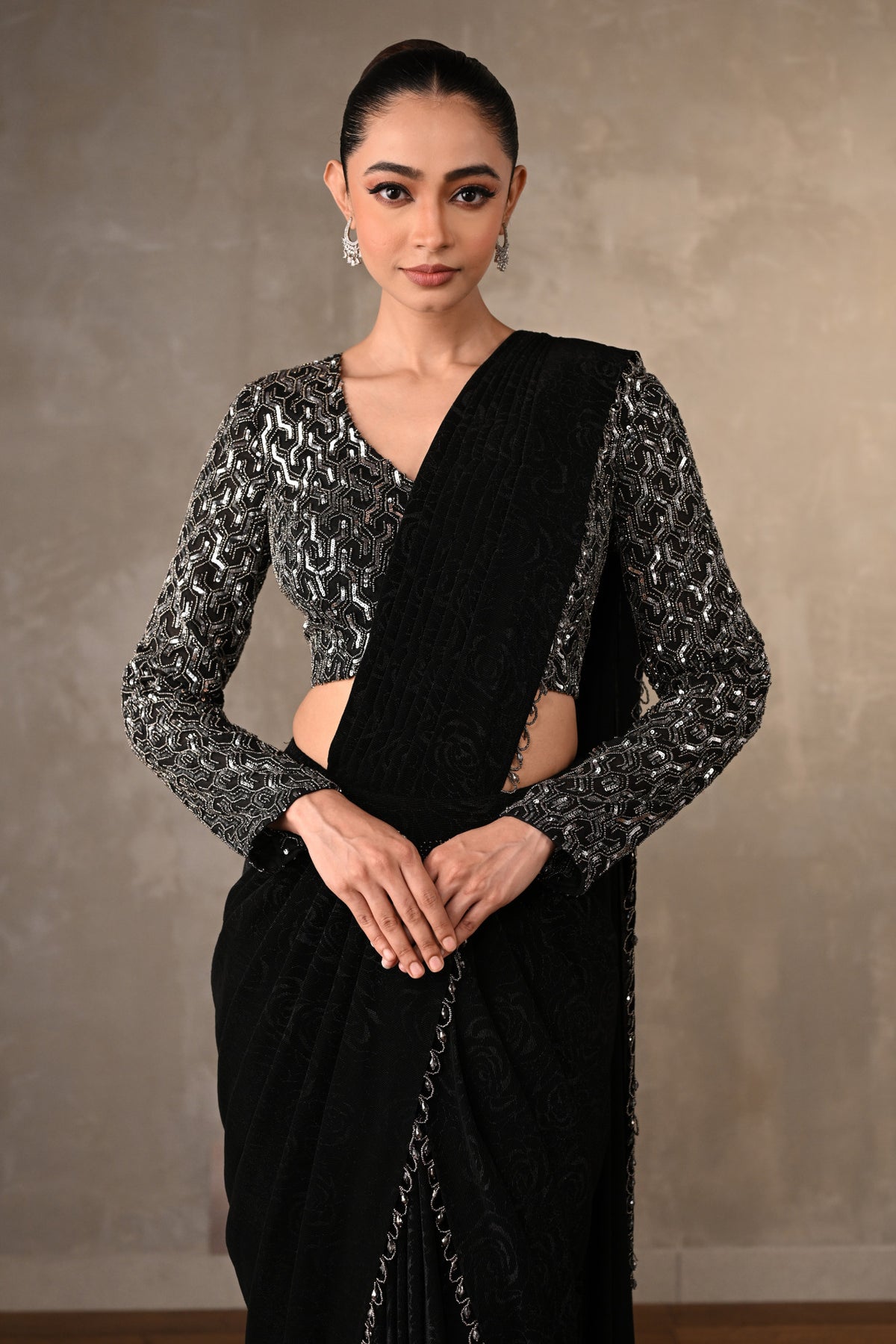 Starlit Black Sequin Drape Saree Set
