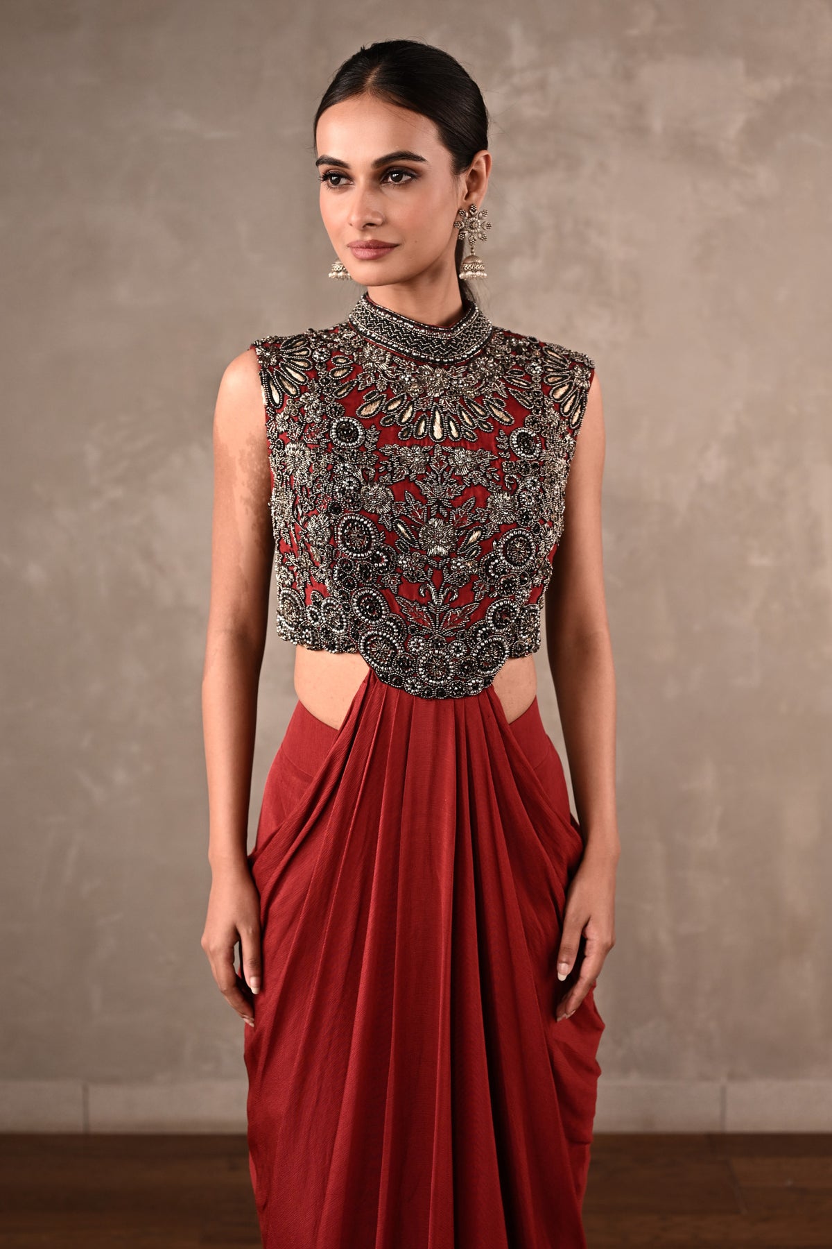 Maroon Drape Gown Set