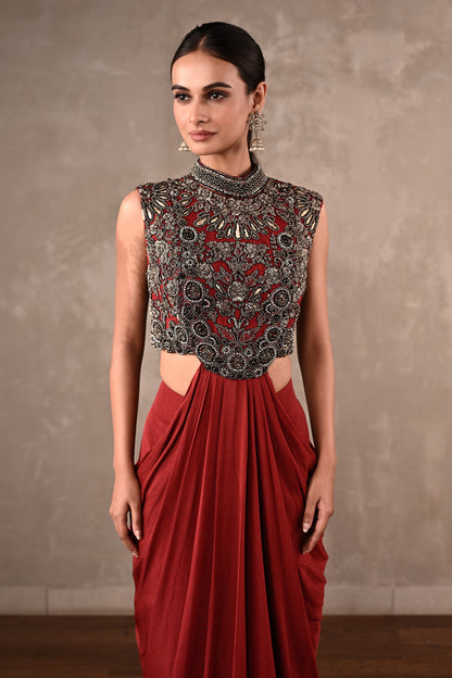 Maroon Drape Gown Set