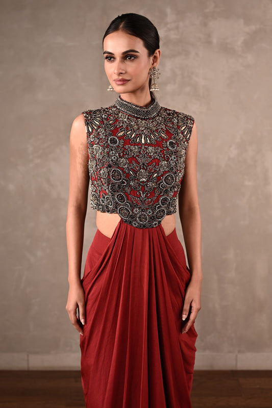 Maroon Drape Gown Set