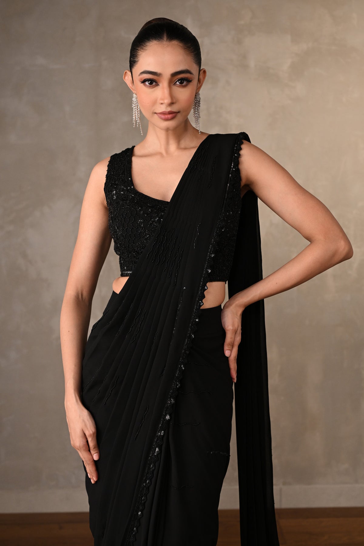 Noir Georgette Pre-Stitched Saree