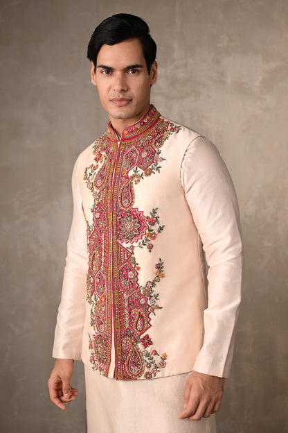 Ivory Chanderi Hand-Embroidered Bundi Jacket With Kurta Set