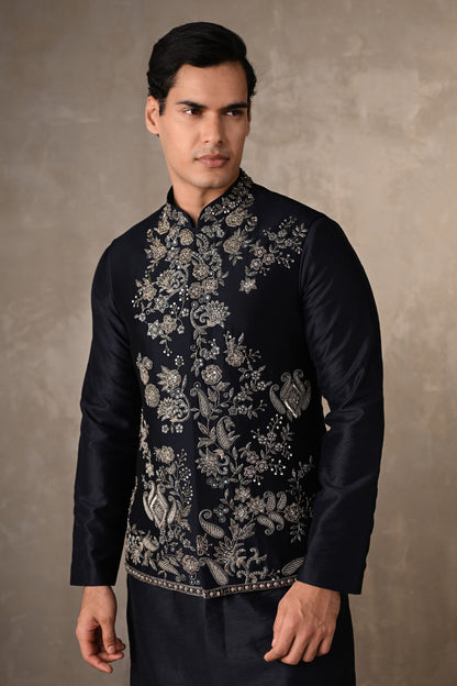 Navy Blue Embroidered Bundi Kurta Set