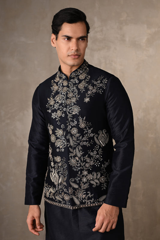 Navy Blue Embroidered Bundi Kurta Set