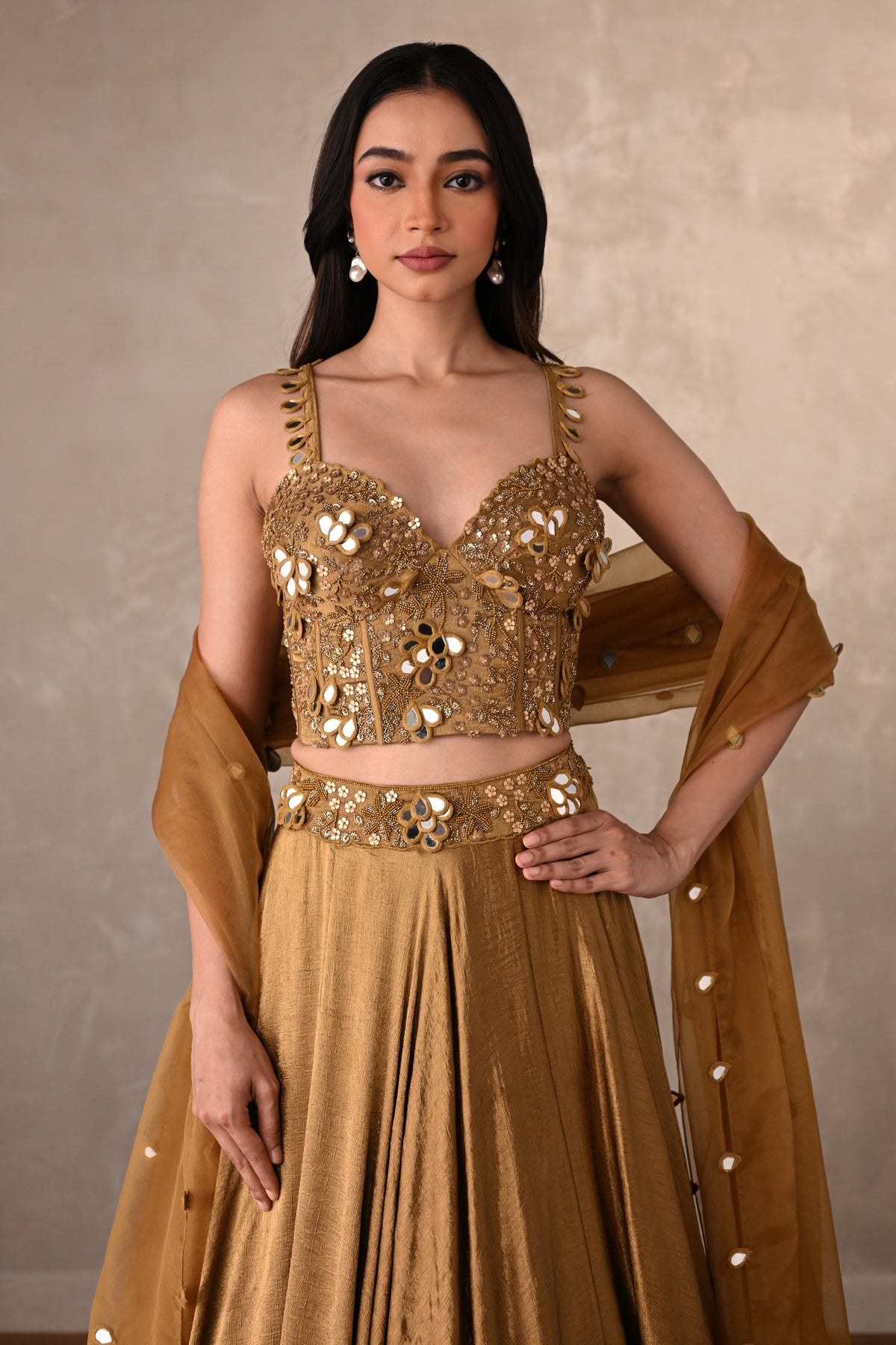 Gold Mirage Satin Crepe Lehenga Set