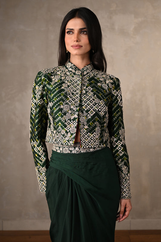 Emerald Embellished Jacket & Draped Skirt Set