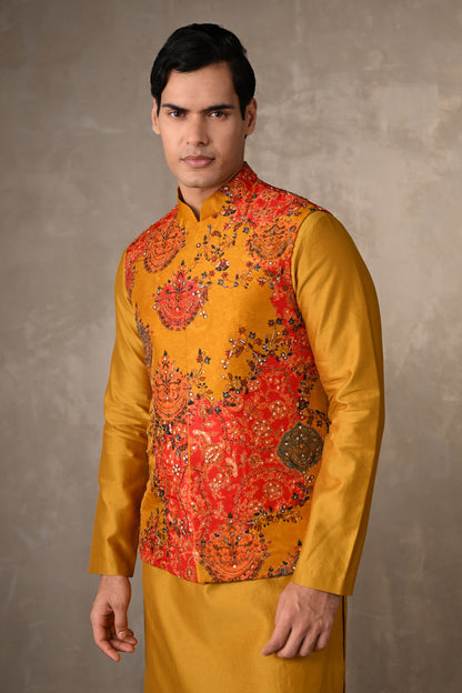 Yellow–Multicolour Chanderi Bundi Jacket with Kurta Set