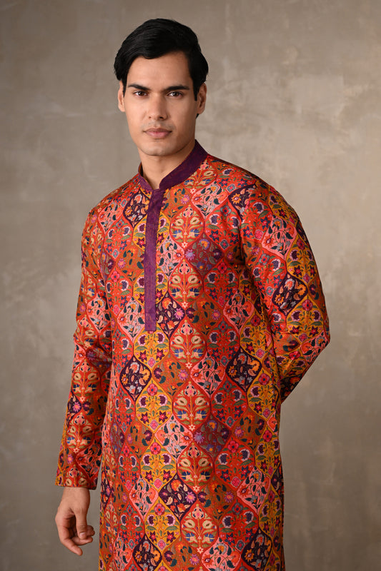 Yellow-Multicolour Festive Mosaic Silk Kurta
