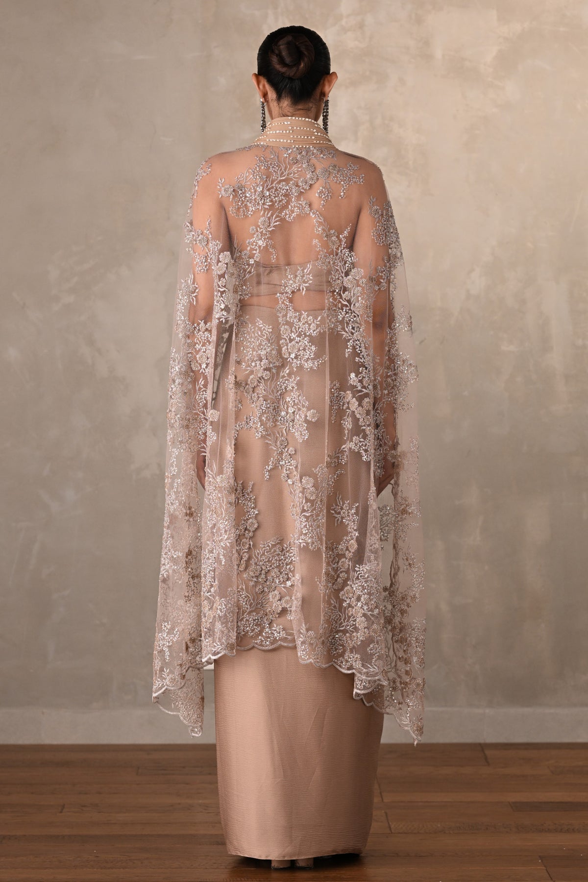 Champagne Satin Draped Skirt with Structured Sheer Cape