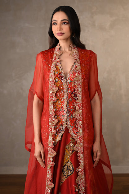 Red Multicolour Threadwork Embroidered Lehenga Set