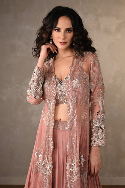 Rosewood Radiance Embellished Skirt Set With Cape