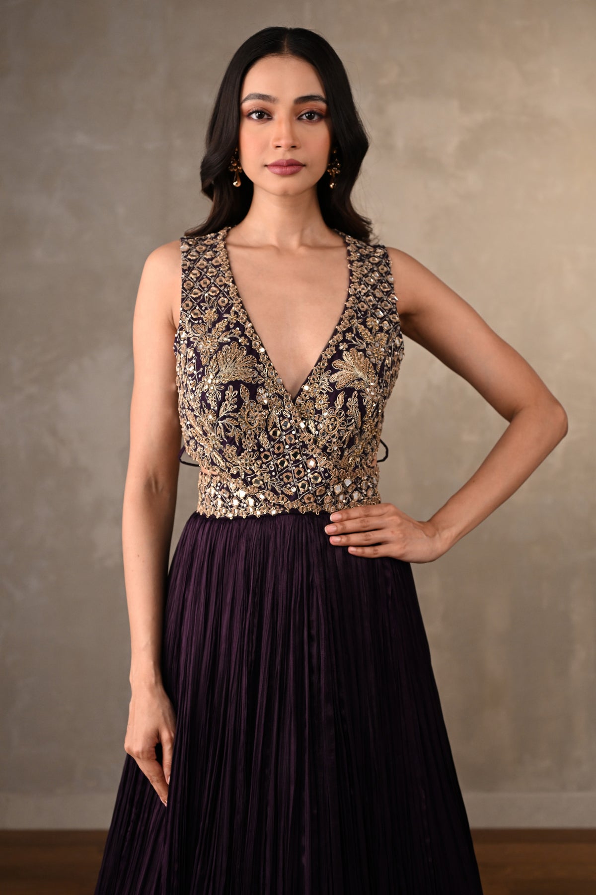 Moss Mirror Embroidered Pleated Gown