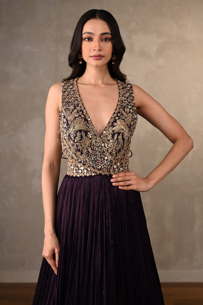 Moss Mirror Embroidered Pleated Gown
