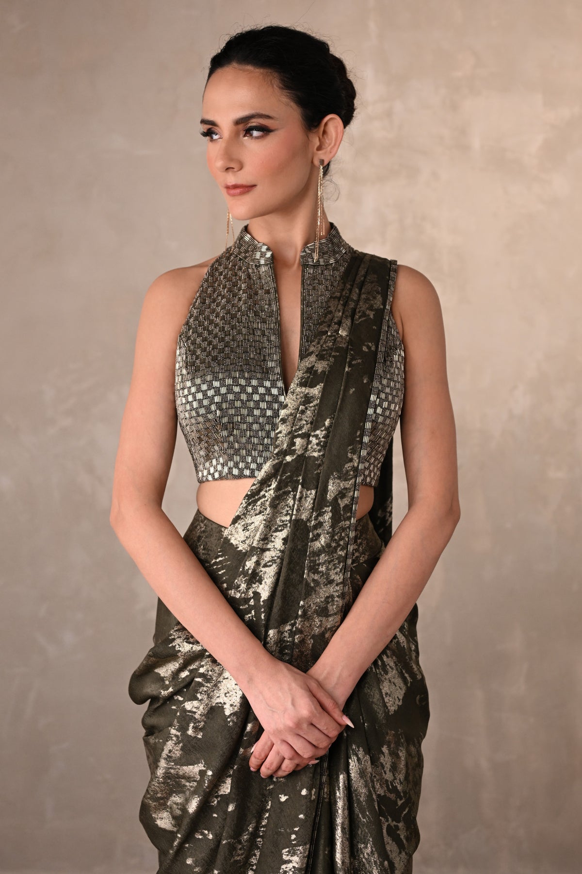 Olive Lustre Foil Drape Saree