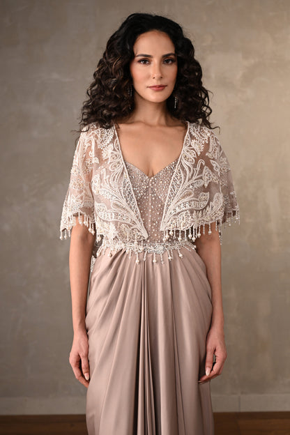 Blush Corset-Style Gown With Embroidered Cape