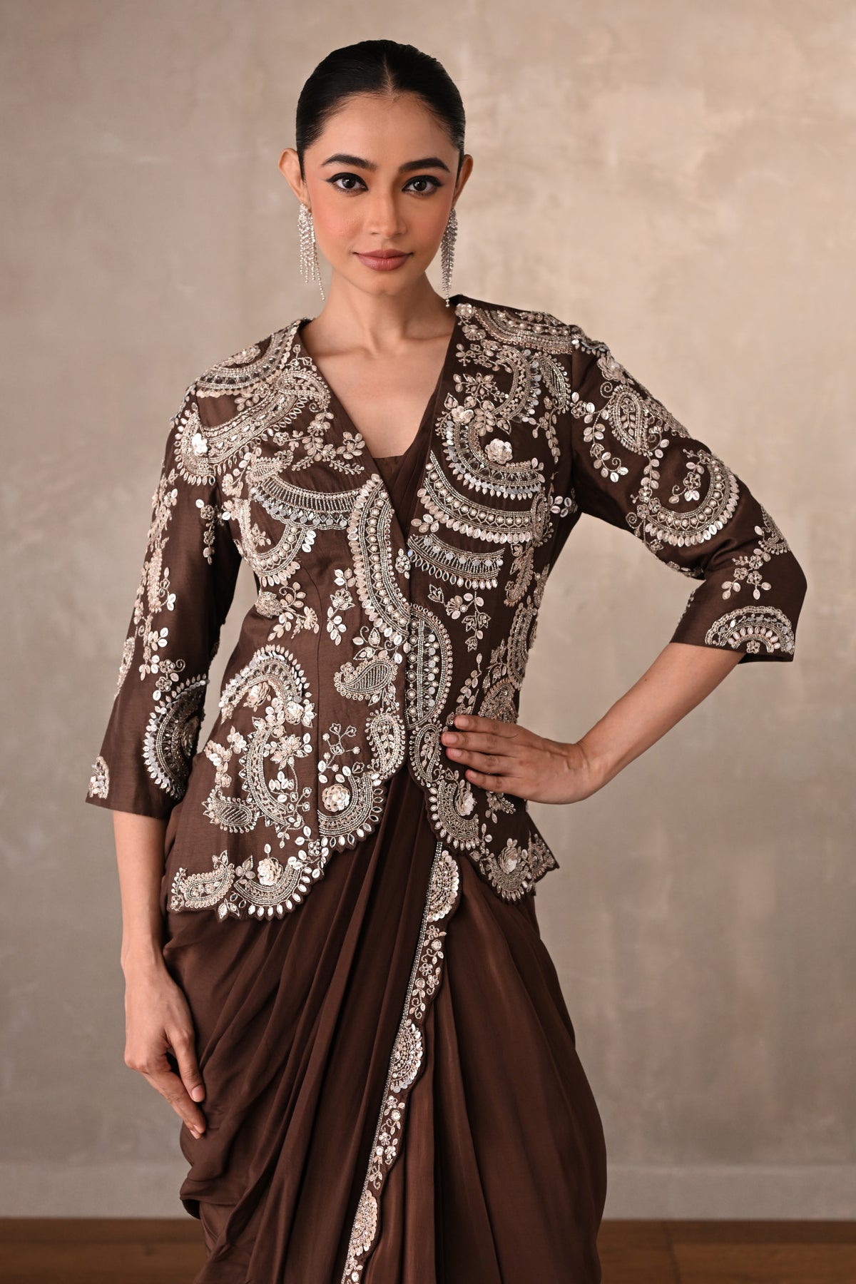 Smoky Crepe Drape Saree With Embroidered Jacket