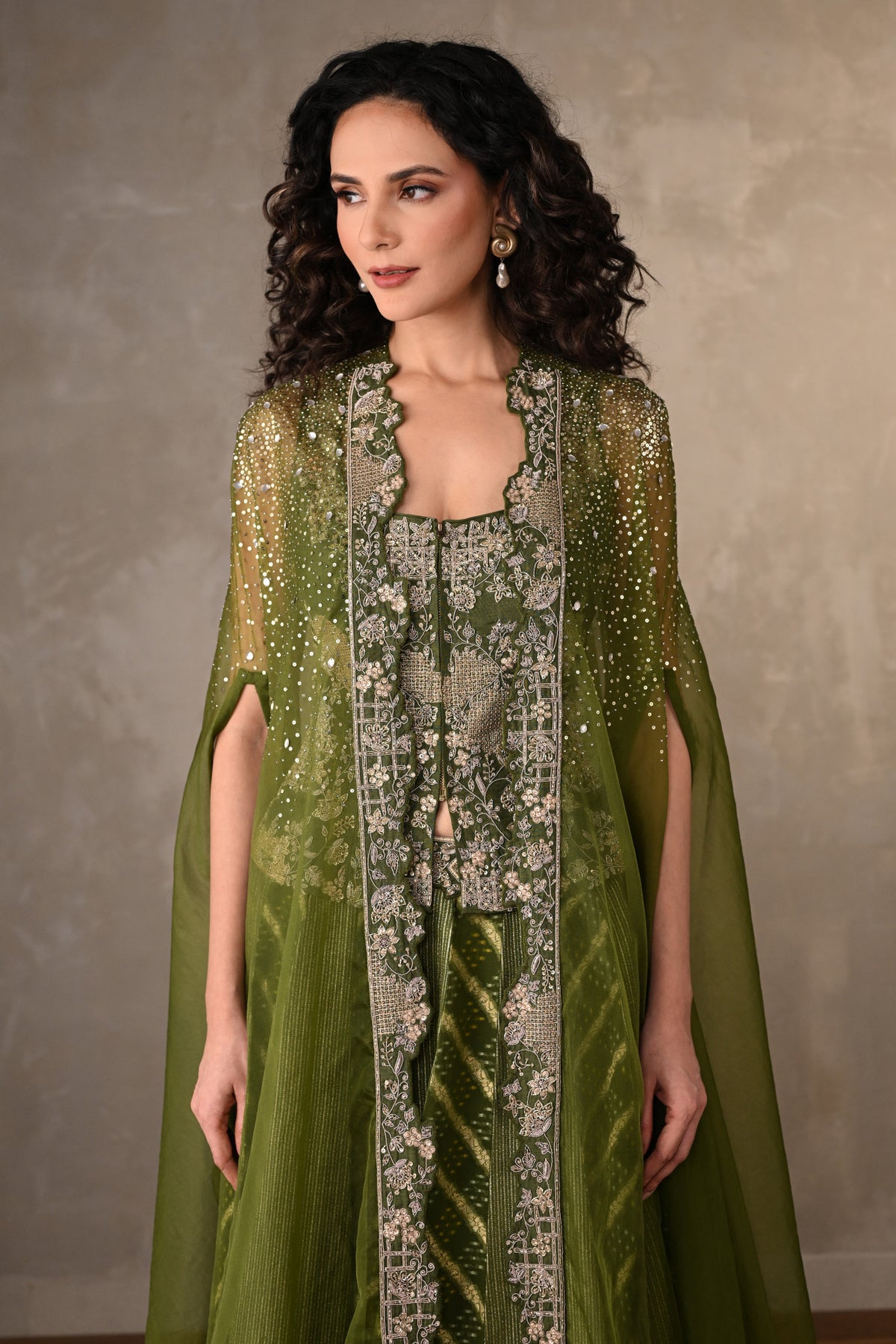 Green Regal Brocade Cape Lehenga Set